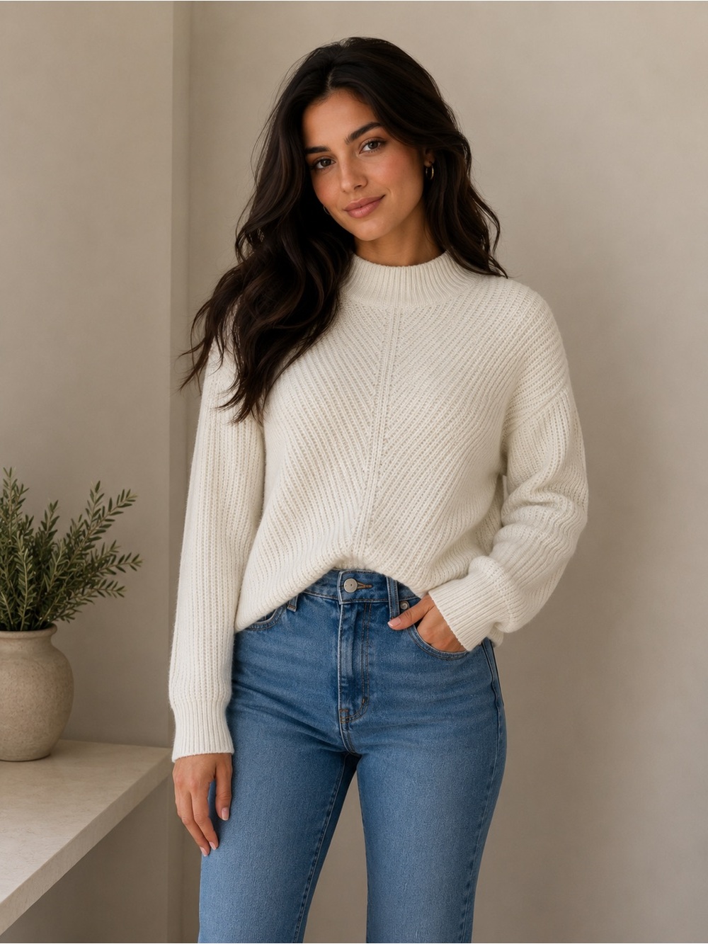 Express Cream Ribbed Mock-Neck Sweater